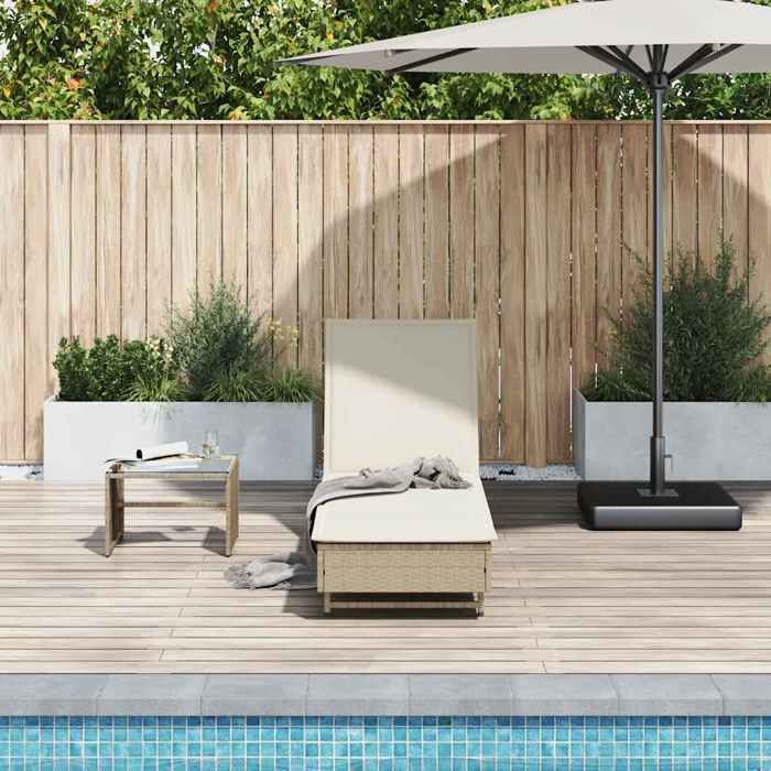 JLL*TOP - Chaise longue - Bain de soleil - avec roues et coussin - beige résine tressée LLL347
