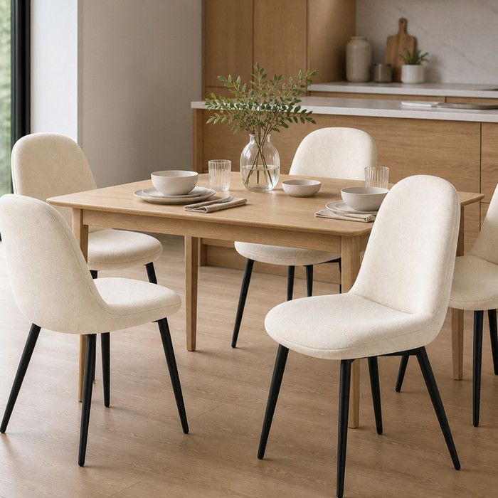 HavenlyHome Lot de 4 Chaises Salle à Manger en Lin Beige Assise Rembourrée Confort Style Scandinave Pieds Métal Noir