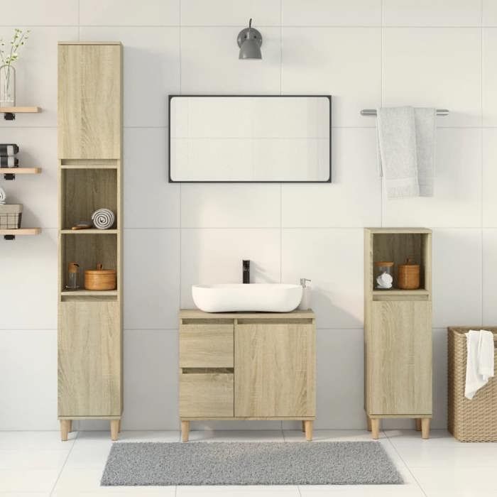 Prix bas - Ensemble de meubles de salle de bain - 3 pcs - Armoire Colonne de bain - chêne sonoma （658100515970)