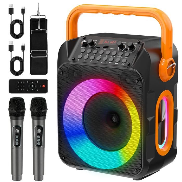 Machine Karaoké Portable Avec 2 Micros Sans Fil, Enceinte Bluetooth LED Lumineuse, Idéale Fêtes Famille, Enfants, Camping, Anniversaire