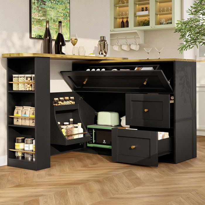 Table de bar extensible avec espace de rangement (138-204 × 39 × 105 cm) armoire de cuisine buffet avec étagère à snacks-noir