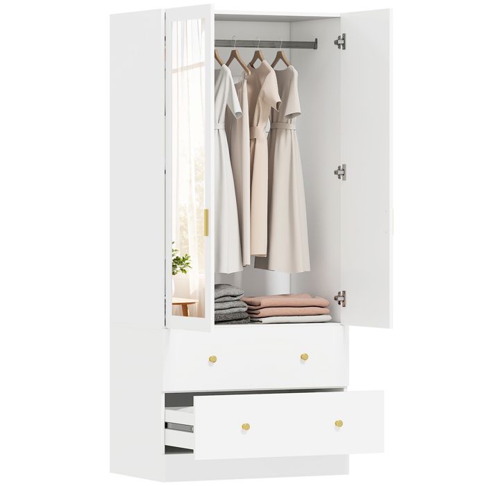 Armoire penderie - HOMCOM - miroir 2 portes 2 tiroirs et barre de suspension - panneau de particules et MDF - 80x50x180cm - blanc Armoire penderie - HOMCOM - miroir 2 portes 2 tiroirs et barre de suspension - panneau de particules et MDF - 80x50x180cm - blanc