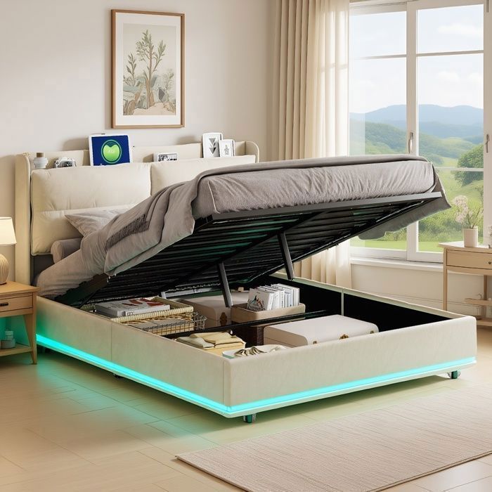 Lit coffre lit 140x200 avec sommier lit capitonné avec port USB LED réglable Dossier amovible Beige velours