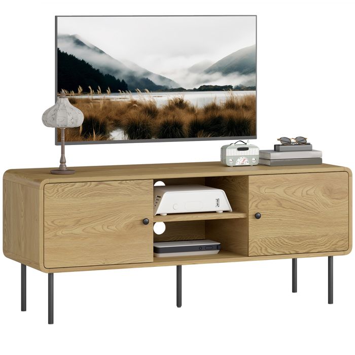 Meuble TV - HOMCOM - jusquà 55 pouces - 2 portes 2 étagères pieds en acier - panneau de particules et MDF - 120x40x50cm - chêne