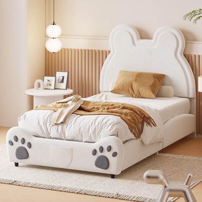 Lit Enfant 90x200 cm en forme dours Lit Rembourré avec sommier à lattes lit simple en bois pour enfant et adolescent blanc