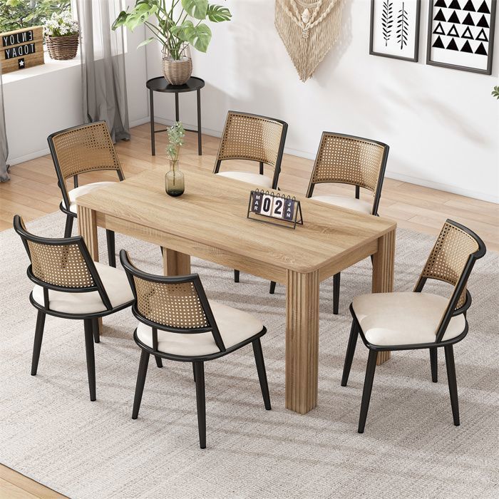 Chaises salle à manger - Lot de 6 - Capitonnées simili PU - Dossier rotin - Noir