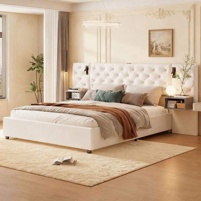 Lit coffre - POCKETPOP - Velours blanc cassé - 140x190 - Lampes de chevet et ports USB/Type-C