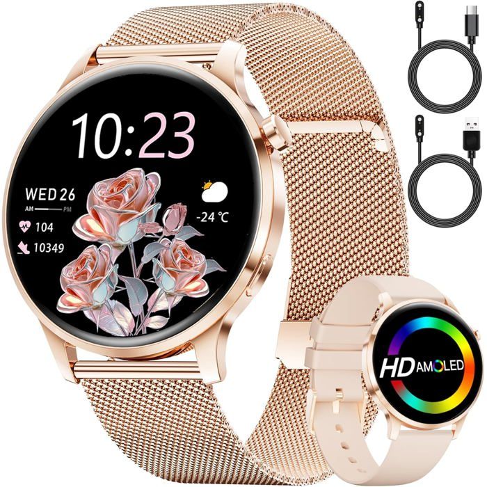 Montre Connectée Femme LIGE - Appels Bluetooth, écran AMOLED 1.19", Or Rose, Diamants - Suivi Santé 100+ Sports