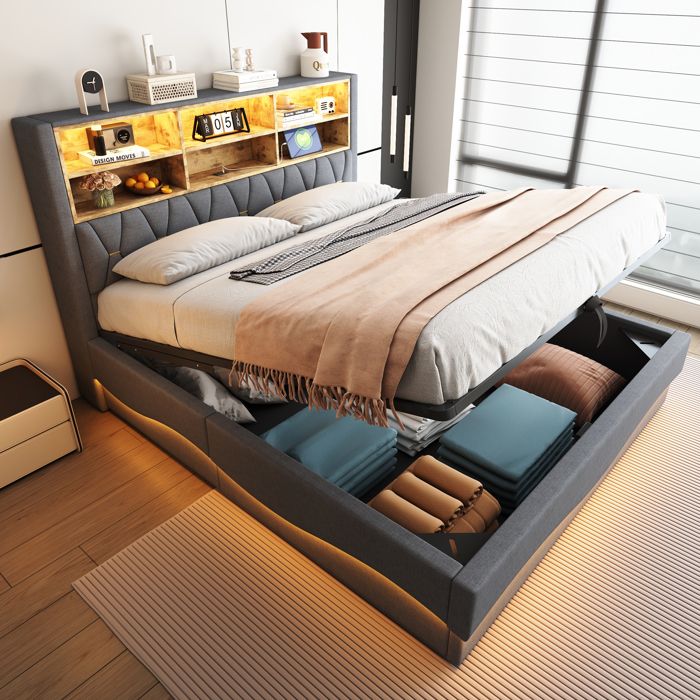 Lit Coffre 180x200cm avec Rangement LED Contrôlée App et USB Lit Rembourré avec Rangement Tête de Lit et Cadre Métal Lin Gris