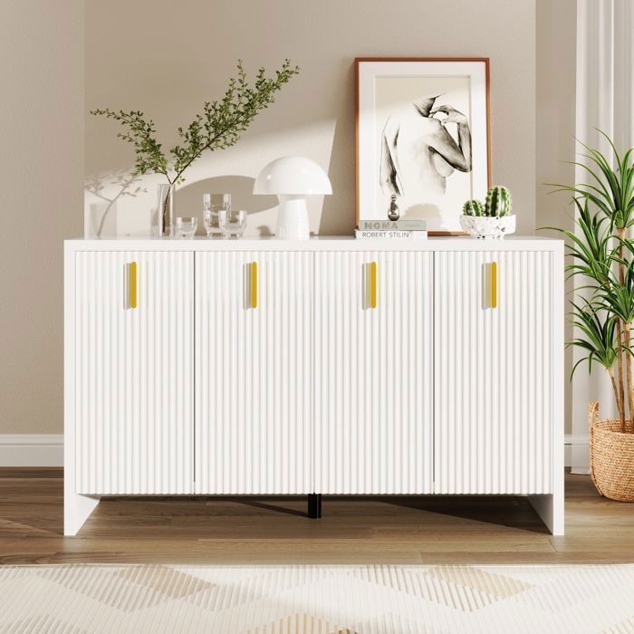 Buffet de Salon Blanc - 4 Portes et Poignées Dorées - Meuble de Rangement - Étagères Ajustables - 140 x 38 x 80 cm