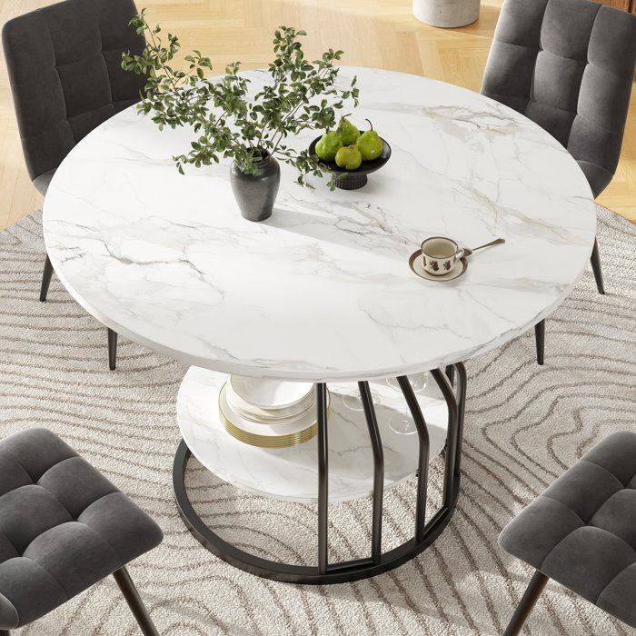 Merax Table à Manger Ronde 80×80×76cm Effet Marbre Blanc avec Étagère Structure Métal Noir pour 4 Personnes