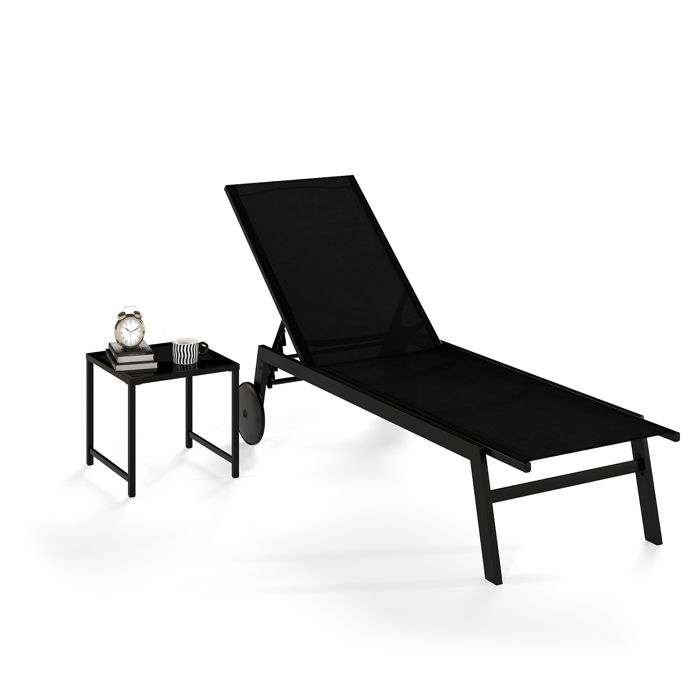 Ensemble 2 Pièces Mobilier dExtérieur COSTWAY Chaise Longue en Tissu Table Basse en Verre Trempé Dossier Réglable Roues Noir Ensemble 2 Pièces Mobilier dExtérieur COSTWAY Chaise Longue en Tissu Table Basse en Verre Trempé Dossier Réglable Roues Noir