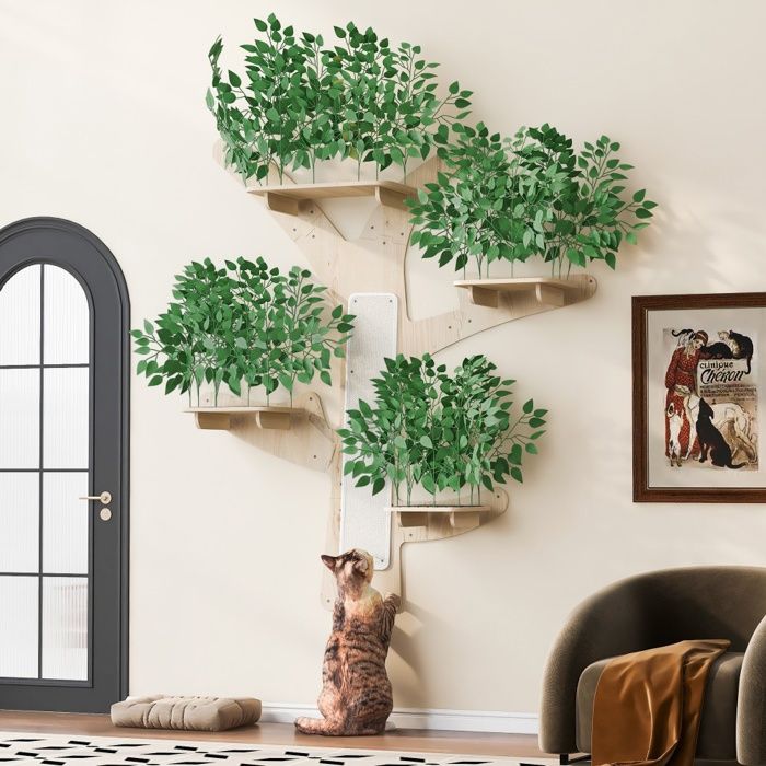 Arbre à chat mural - 155x210 cm - Bois de pin massif et feuilles PE - Vert et Naturel
