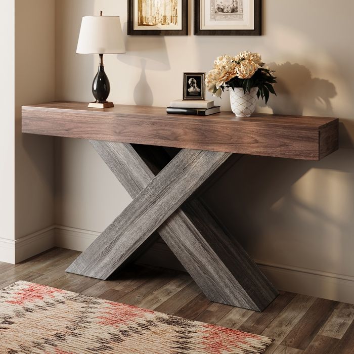 Table Console avec Pieds en Forme de X Table Console Étroit Table dappoint en Bois de Ferme Pour Entrée et Salon Couloir Noyer