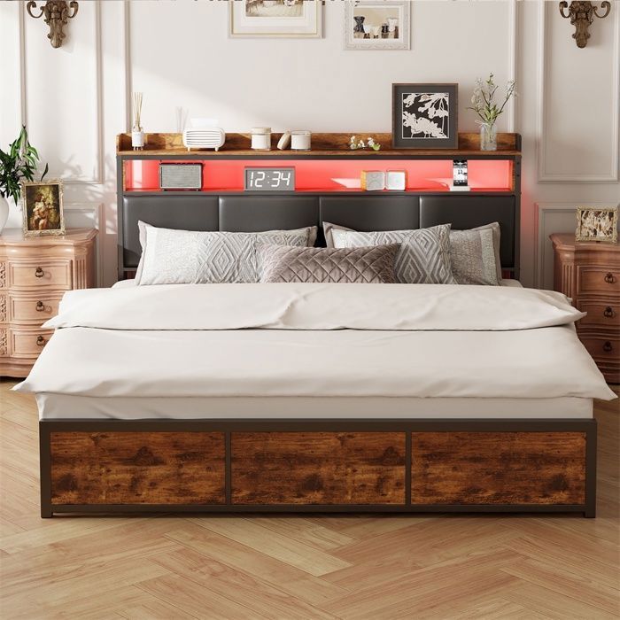 Lit double 180x200 cm – Lit adulte 180x200 cm  avec Tête de Lit LED en PU  – avec 4 tiroirs –  Sans matelas