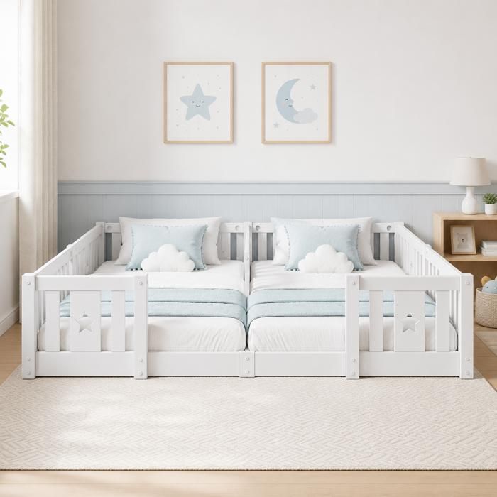 Lit enfant 180x200cm - Fofetbfo - Lit au sol en bois de pin - barrière de sécurité - avec sommier à lattes - Design étoilé - blanc