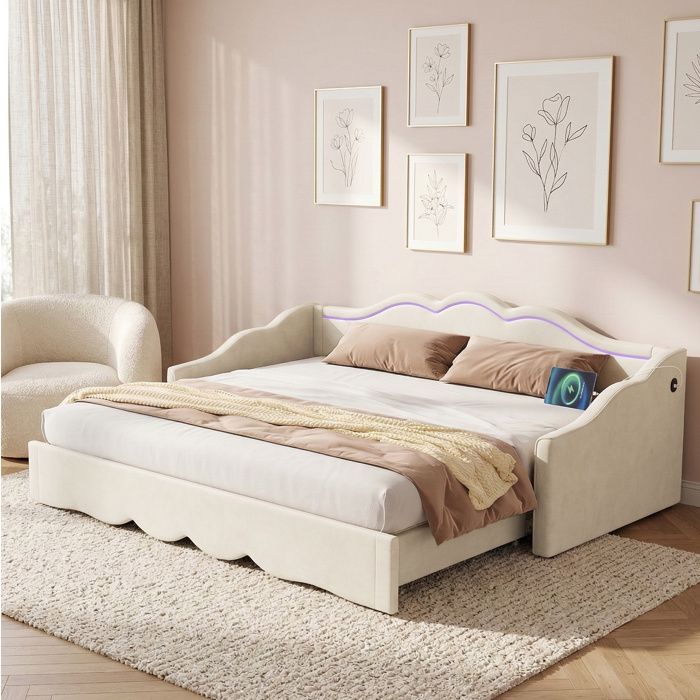 Lit Banquette 1 à 2 Places 90×200 cm et 180×200 cm avec USB Type-C et LED sans matelas Velours Beige - UVRION