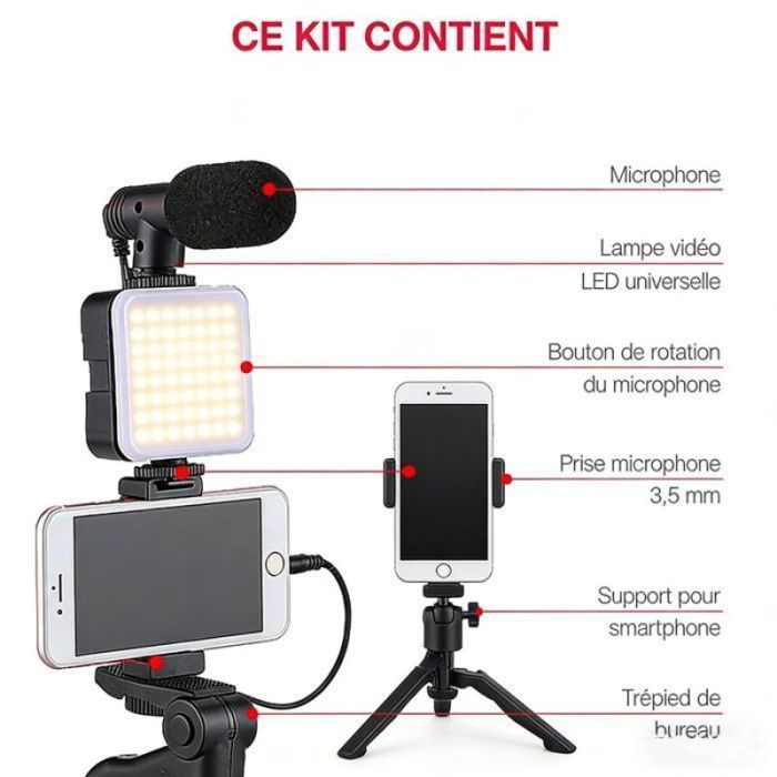 Support de téléphone pour vidéo Tout en Un pour YouTube TikTok et Live Streaming  Lampe + Micro + Trépied