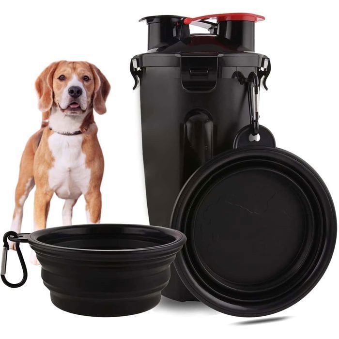 Gourde Chien - - Eau et Nourriture - 2 Compartiments - Bol Pliable - Noir TRANSPORT DES ALIMENTS