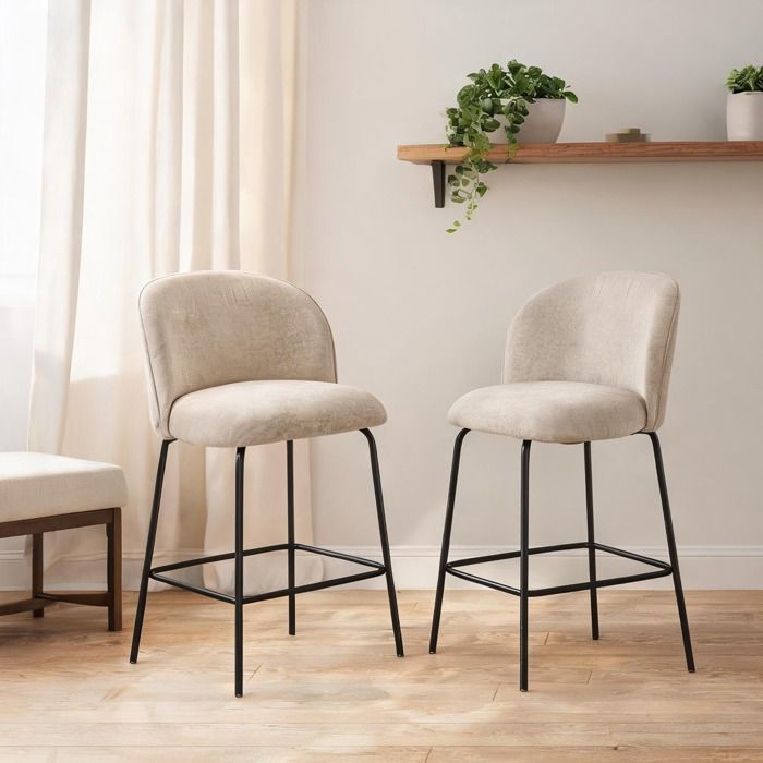 Ensemble de 2 tabourets de bar avec dossier et repose-pieds assise en tissu polyester warm beige structure acier hauteur 68 cm
