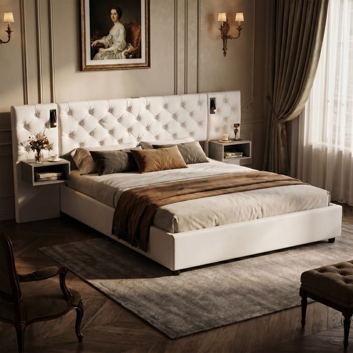Lit moderne 140x190 capitonné beige tete de lit haute à boutons design élégant pour petite chambre principale avec coffre