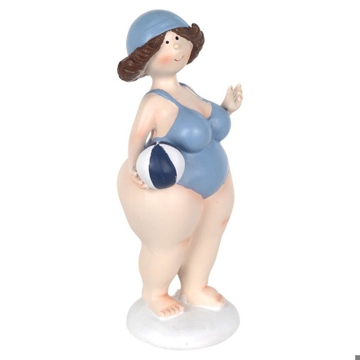 Statue Baigneuse Rétro Maillot et Bonnet Bleu avec Ballon Décoration Bord de Mer 22cm
