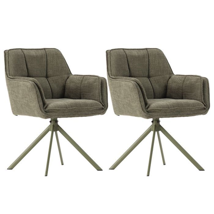Lot de 2 fauteuils de table pivotants en tissu chenille avec surpiqûres vert - KIOKO