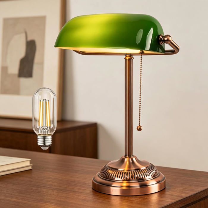 Lampe De Bureau Banker Abat-Jour En Verre Vert Lampe De Bureau Vintage Avec Interrupteur À Chaîne Lampes De Table Rétro Pour[CA49]