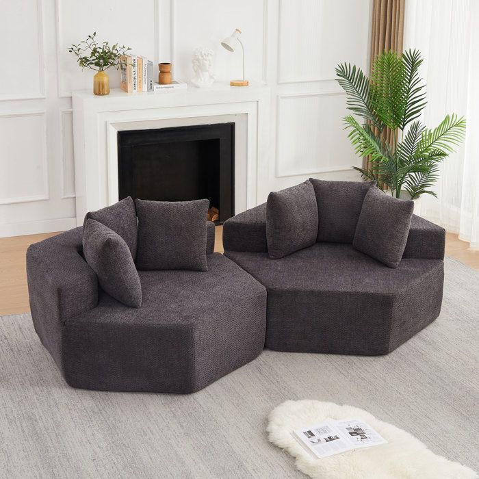 Fauteuil Modulaire Hexagonal avec 3 Coussins - ELVMI - Tissu Antiderapant Chenille Bouclee - Gris