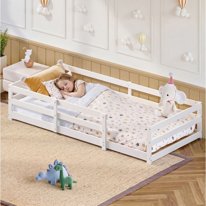 Lit Enfant Montessori 90×200 cm avec Barrière 4 Côtés et Sommier Inclus sans Matelas Pin Massif Blanc - UVRION