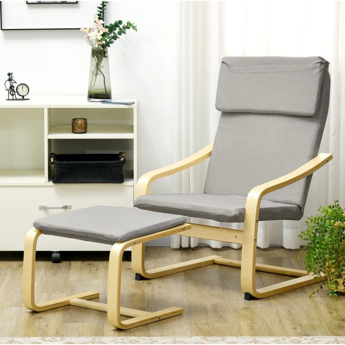 Fauteuil Lounge Gris Clair Avec Repose-Pieds Siège Relax FloraGrace Pour Salon Ou Chambre Accoudoirs Et Têtière 665x80x99cm