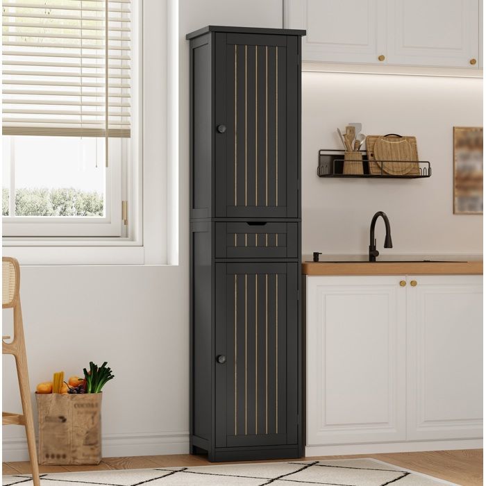 Buffet de cuisine colonne 2 portes et 1 tiroir avec 4 étagères réglables pour cuisine MDF 40×30×170 cm noir - UVRION