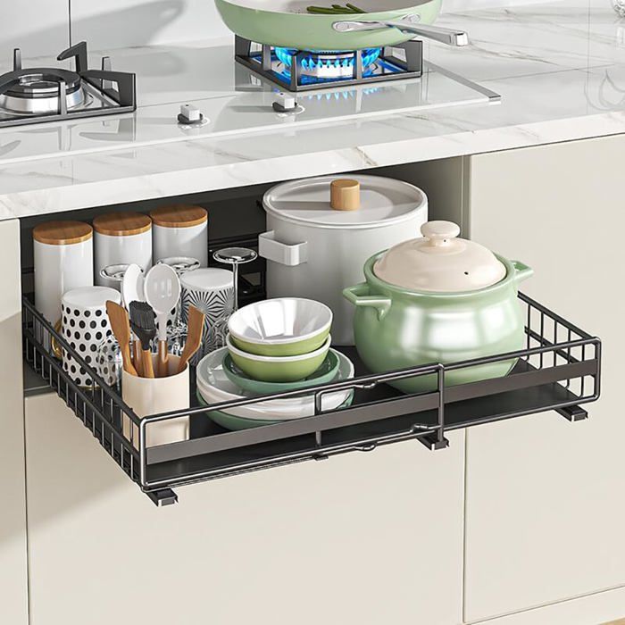 Rangement armoire extractible tiroir télescopique acier au carbone casseroles vaisselle hauteur 8 cm gain de place noir