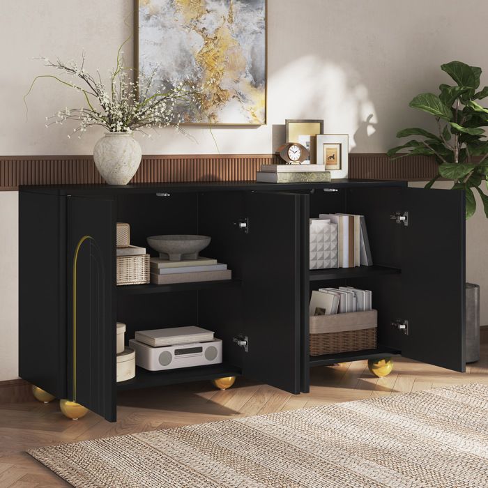 WUVRIE Buffet bas 4 portes noir 140 x 40 x 74 cm avec pieds métalliques et charnières amorties