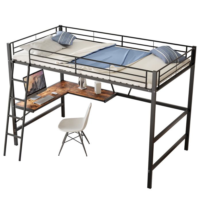 ELVORIN Lit mezzanine 90 x 200 cm en métal et MDF noir avec bureau L et étagère échelle fixe 1 place pour enfant et adulte