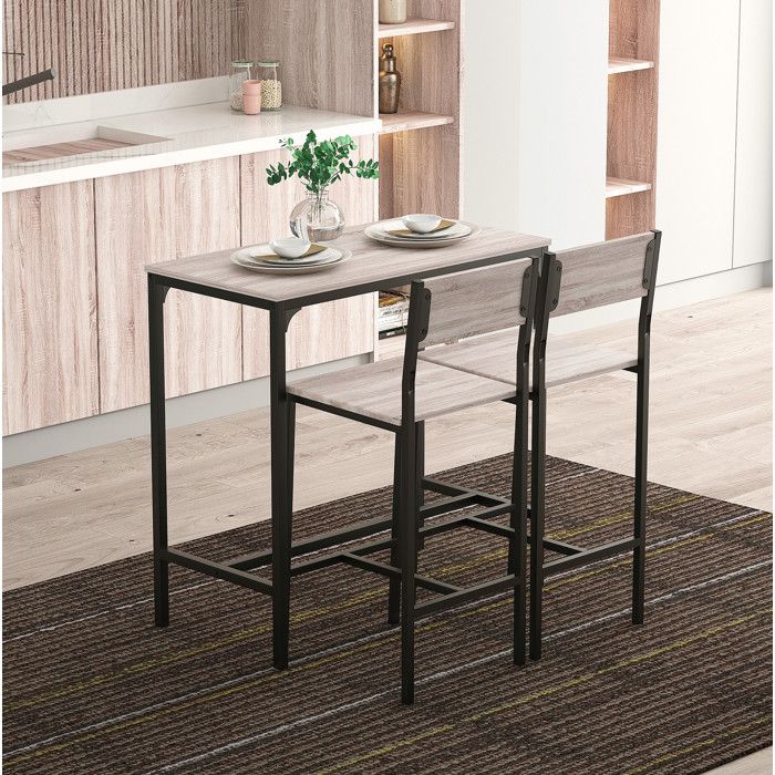 Table Haute avec 2 Chaises et Dossier Haut - MEUNIQ - Plateau MDF et Structure Métallique - Naturel et Noir