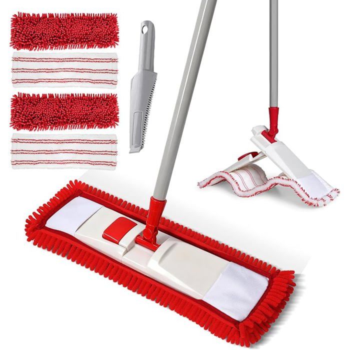 Balai Serpillière Plat - Tête Microfibre Rotative 360° pour Sols  Balai Nettoyage Sol en Chenille avec Manche en MétalRouge）