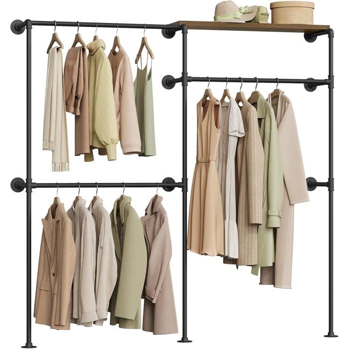 Tringle à vêtements murale industrielle - WOLTU - 2 barres métalliques - 5 étagères en bois d’ingénierie Tringle à vêtements murale industrielle - WOLTU - 2 barres métalliques - 5 étagères en bois d’ingénierie