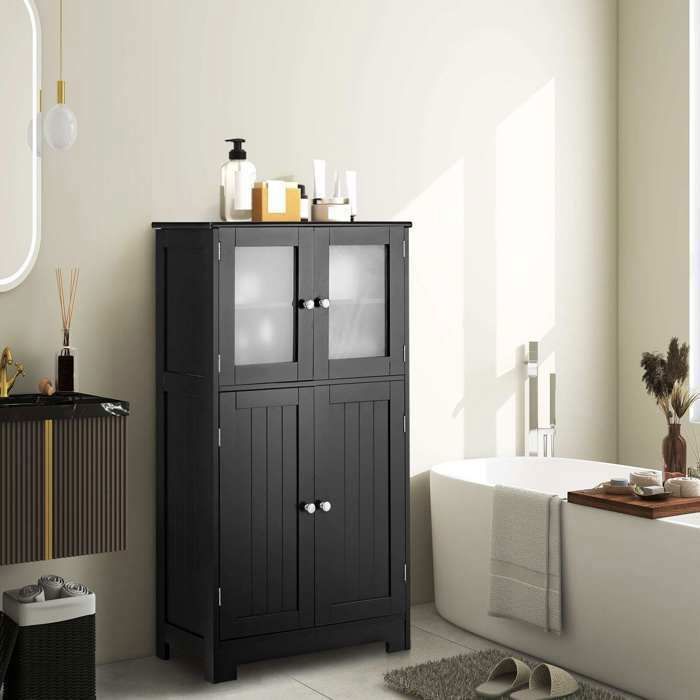 Armoire salle de bain 4 portes sur pied noire rangement optimisé étagère réglable verre trempé meuble bas MDF laqué