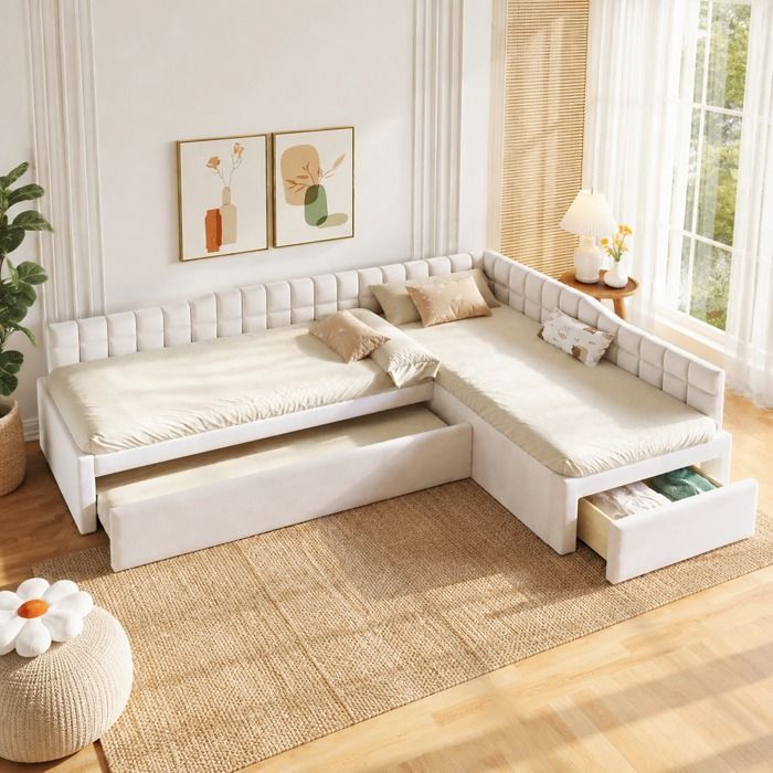 Lit dangle 4 places 90×200 cm avec lit gigogne tiroirs de rangement et revêtement flanelle - LPOSPI - sans matelas MDF - beige