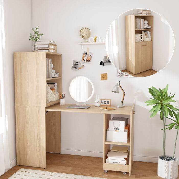 Secrétaire Extensible Bureau Pliant avec Plateau Coulissant Étagères Réglables et Roulettes - HAVRYA - MDF Bois Naturel Clair