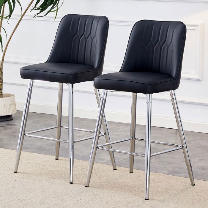 Set de 2 Tabourets de Bar Design Noir Pieds Chromés - Chaise Haute Cuisine Îlot 100 cm avec Dossier PU