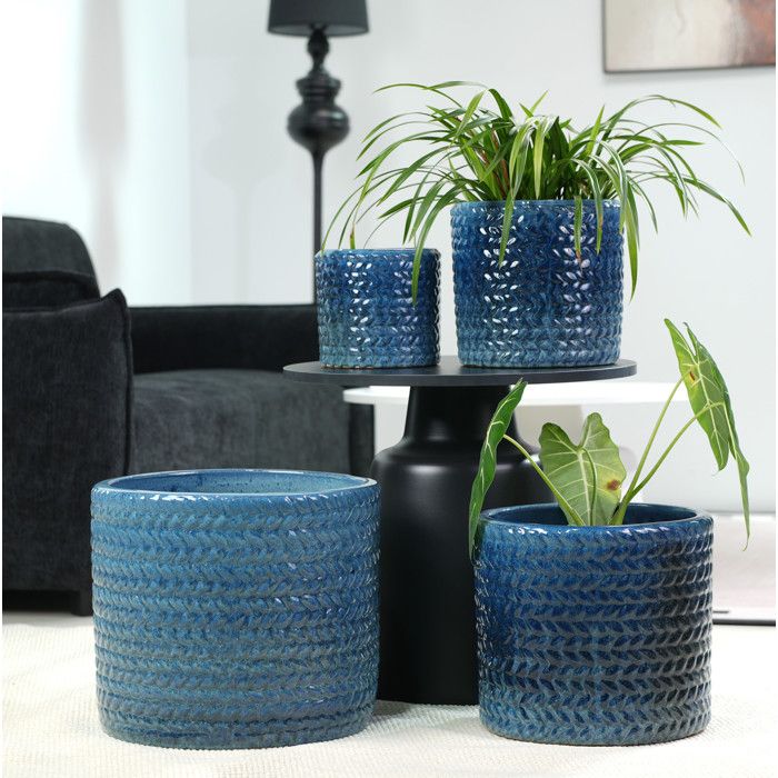 VUENOR Pot de fleur céramique Ø17 5 cm bleu foncé – brillant motif chevron