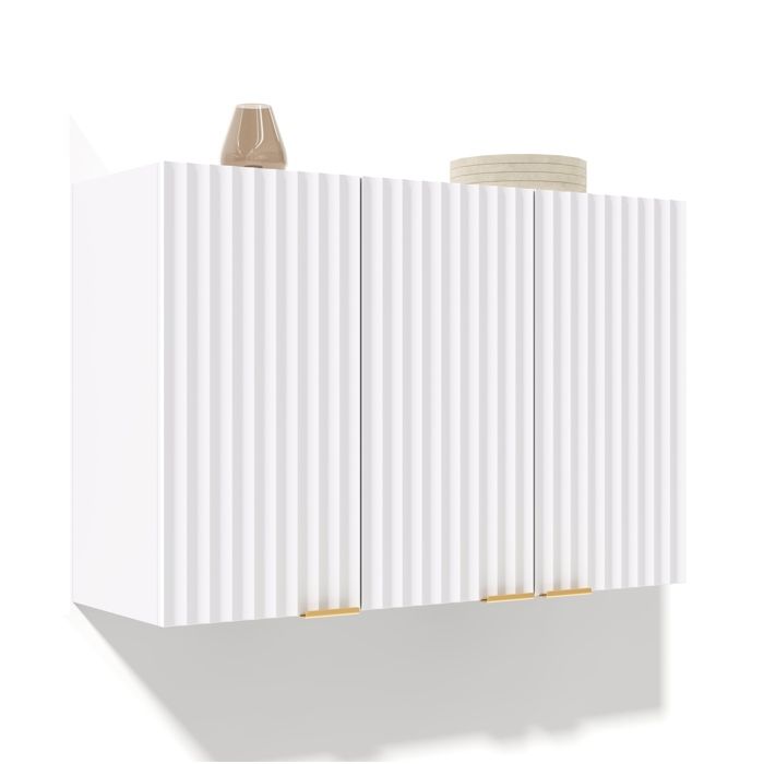 Meuble haut de cuisine mural 3 portes 90 x 29 x 60 cm rangement fermé blanc MDF façades texturées JOINERY