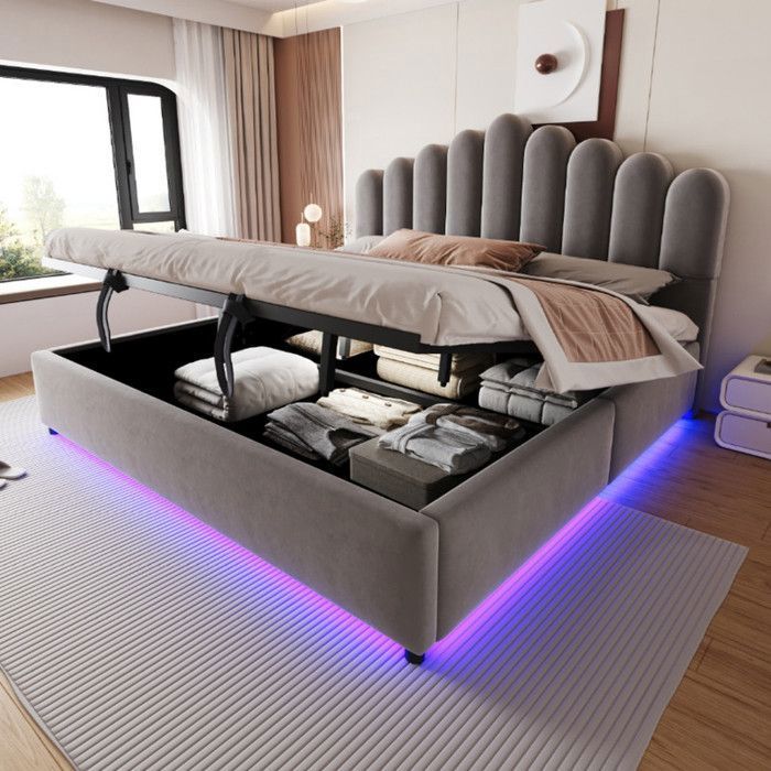 Piaenon - Lit coffre Lit capitonné 180x200 cm Lit double avec LED et rangement hydraulique - velours gris