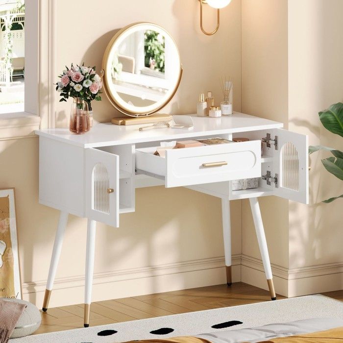 Coiffeuse scandinave blanche avec miroir LED 1 tiroir 2 portes grand rangement sans tabouret 100x42x112cm