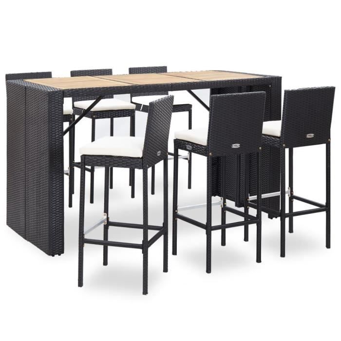 Bar de Jardin 6+1 • polyrotin Noir • Coussins Inclus • Plateau de Table en Acacia | Ensemble Table et chaises, Tabouret , Balcon