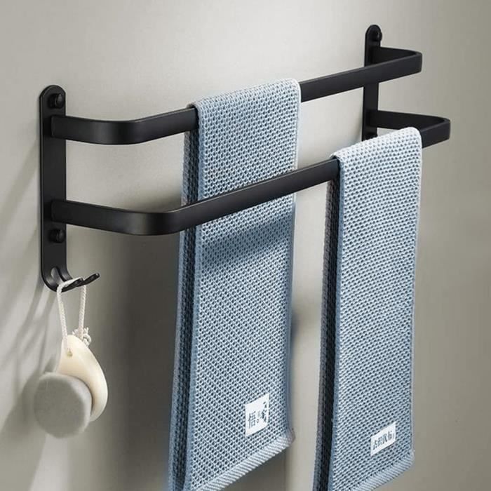 Porte-Serviette Salle De Bain Sans Percage 40cm Noir - 2 Couches Avec Crochets