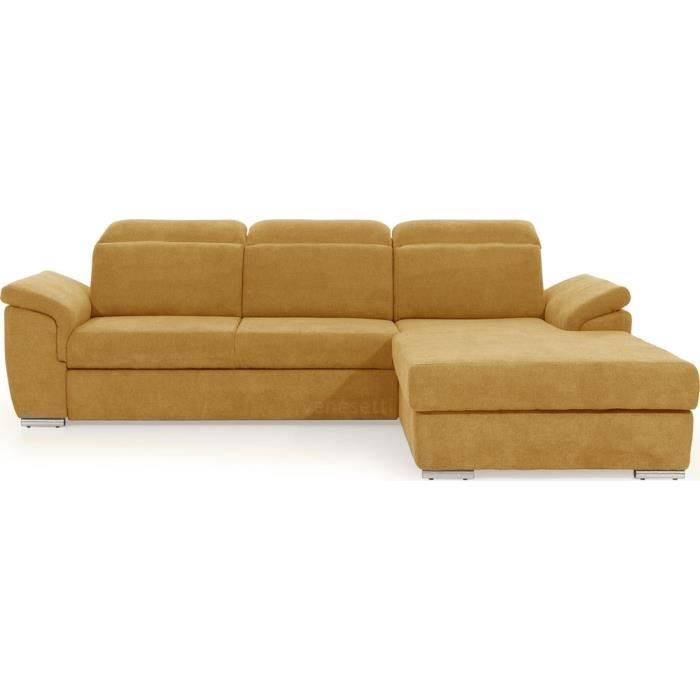 Canapé dangle convertible en tissu Luxe jaune moutarde 5 places angle droit (vu de face) TRESOR Canapé dangle convertible en tissu Luxe jaune moutarde 5 places angle droit (vu de face) TRESOR