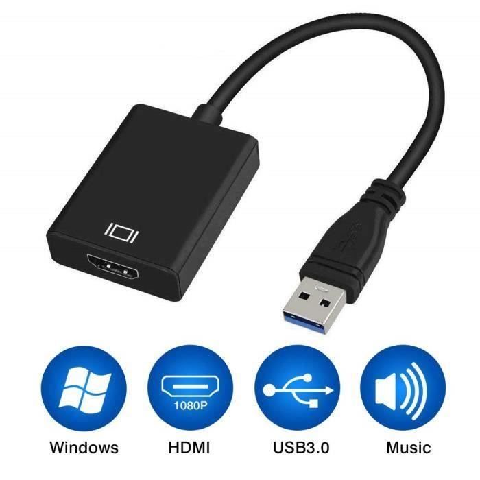 Adaptateur USB vers HDMI USB 3.0/2.0 vers HDMI 1080p Full HD Vidéo Audio Multi Moniteur Convertisseur Adaptateur pour PC HDTV Compatible avec Windows XP 7/8/8.1/10 Pas Mac & Vista 